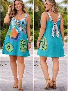 Tricotto Turquoise Artsy Mini Dress XL Floral Geometric Tie Back Sleeveless Boho